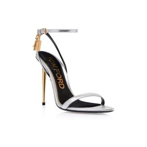 Tom Ford Padlock Metallic Stiletto Sandals- Silver, Size 8 (38)